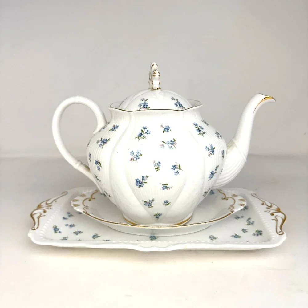 Royal Albert Blue Heaven Teapot Bone China Blue Floral Gold Trim 2 Trays Vintage